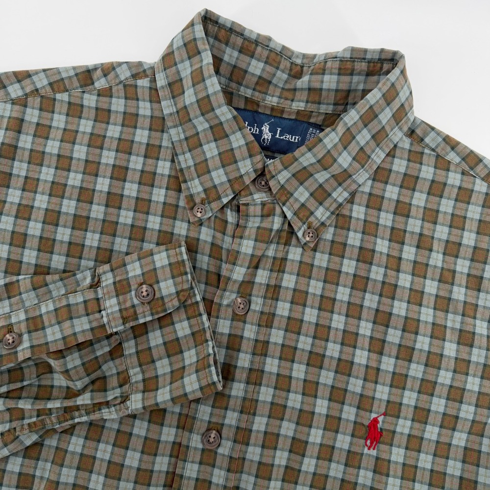 Ralph Lauren Button Down Shirt Mens Medium Green Plaid Custom Fit Long Sleeve
